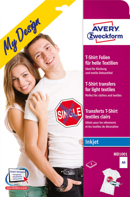 AVERY ZWECKFORM Textilfolie Iron-on A4 MD1001 Inkjet helle Textilien 5 Stk.