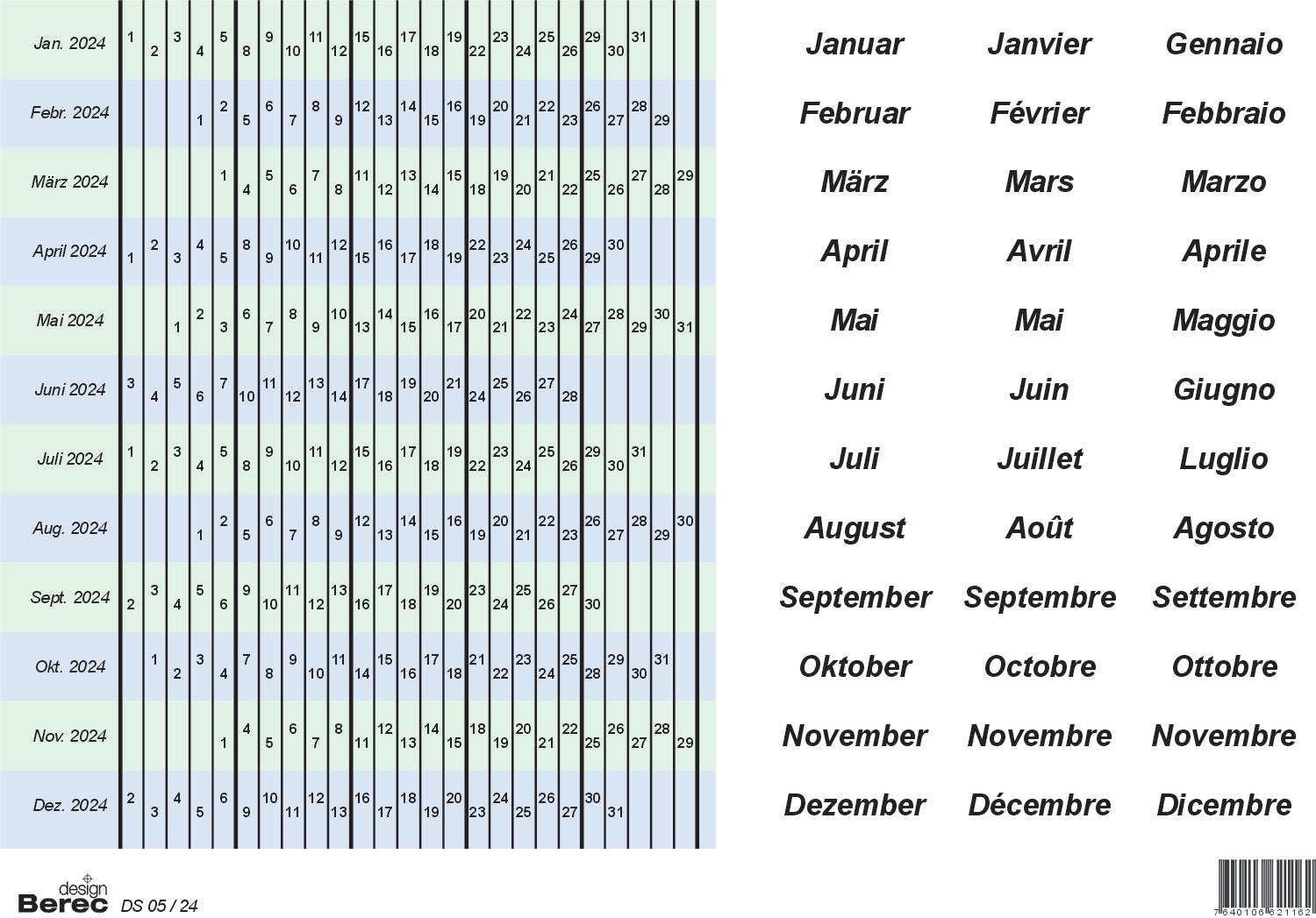 BEREC Datumsstreifenset 2025 DS05/25 selbstklebend 5-Tage-Woche