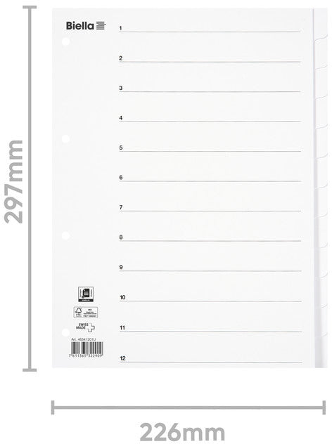 BIELLA Kartonregister A4 46541201U weiss 12-teilig