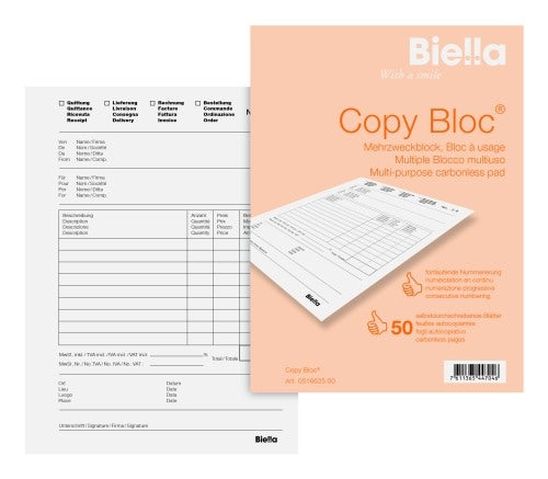 BIELLA Durchschreibeblock Copy A6 51662500U weiss 4-sprachig, Mehrzweck