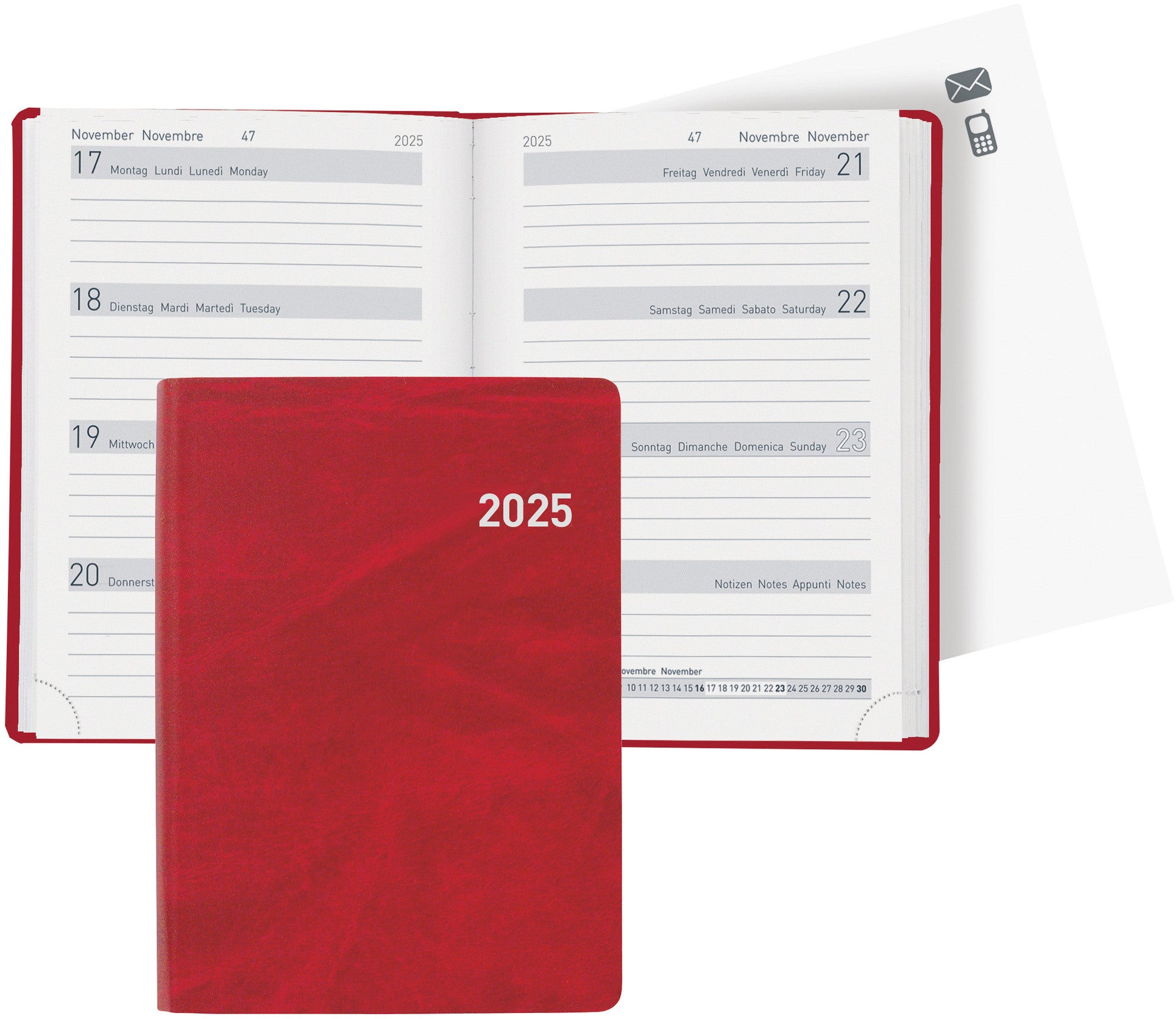 BIELLA Taschenagenda Memento 2025 825401450025 1W/2S rot ML 10.1x14.2cm