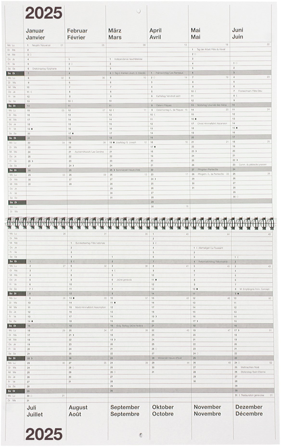 BIELLA 10-Jahreskalender Wire-O 2025 878310000025 6M/1S grau DE/FR 30x24cm