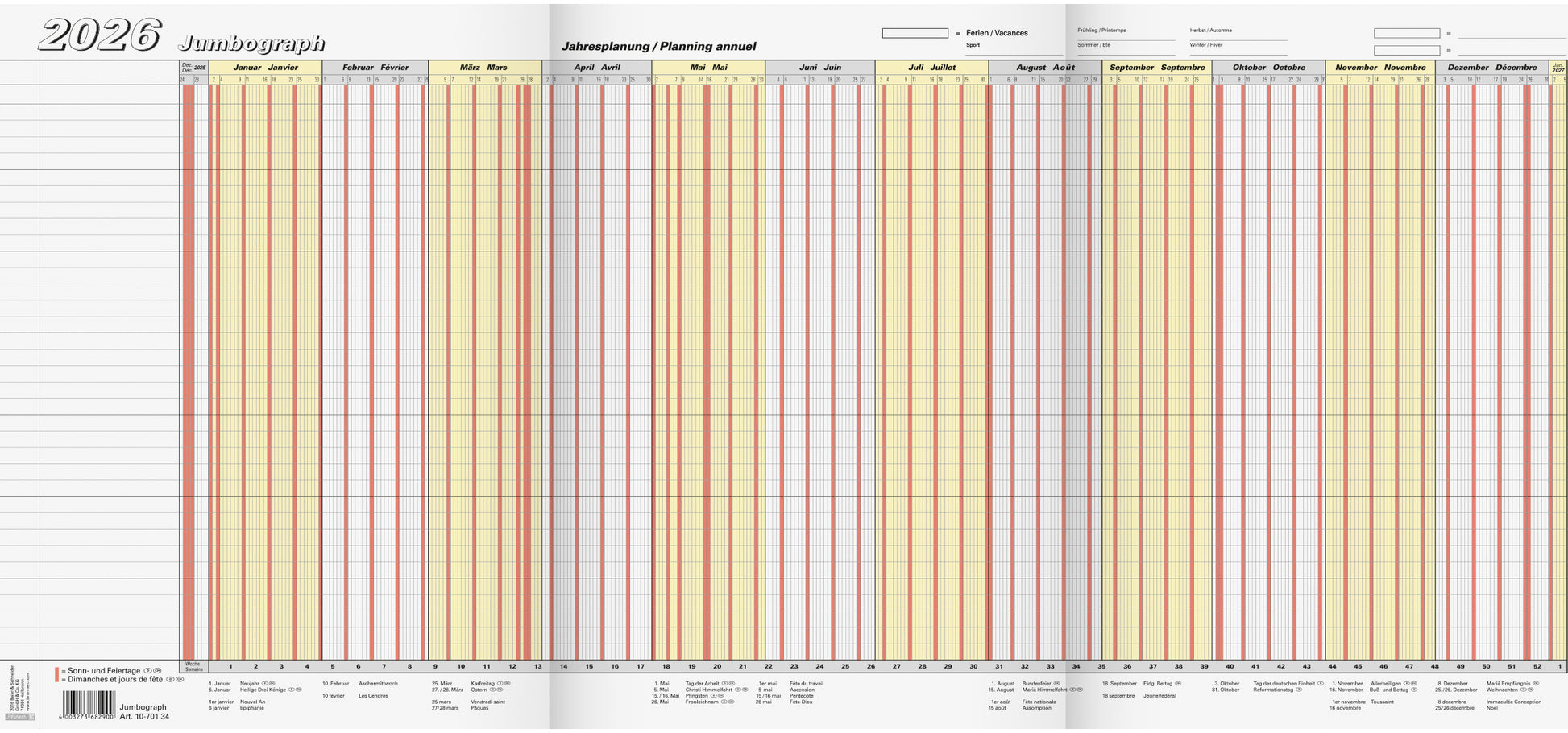 BRUNNEN Jahresplaner Jumbograph 2026 1070134006 DE/FR 64.7x29.7cm