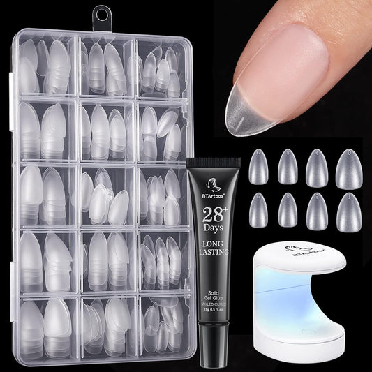 BTArtbox Mandel Nail Tips and Glue Gel Kit Nail Extension, 300 Stück Soft Nagel Tips Kurz Nageltips Set mit Mini UV Nagellampe und 15 g Quick Nail Glue