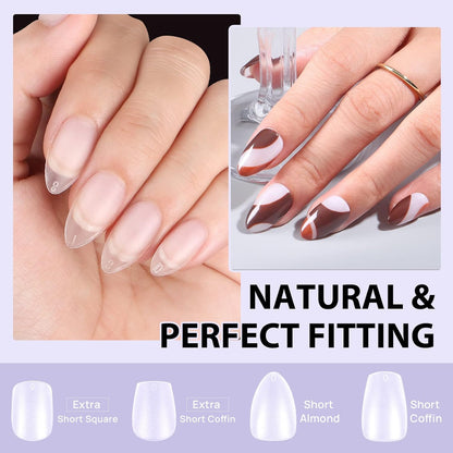 BTArtbox Mandel Nail Tips and Glue Gel Kit Nail Extension, 300 Stück Soft Nagel Tips Kurz Nageltips Set mit Mini UV Nagellampe und 15 g Quick Nail Glue