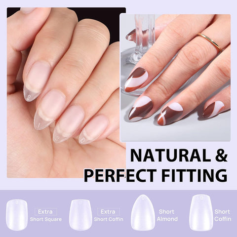 BTArtbox Mandel Nail Tips and Glue Gel Kit Nail Extension, 300 Stück Soft Nagel Tips Kurz Nageltips Set mit Mini UV Nagellampe und 15 g Quick Nail Glue
