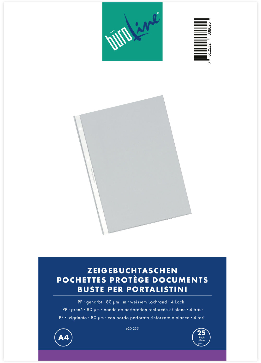 BÜROLINE Zeigetaschen PP 80 my A4 620235 transparent, genarbt 25 Stück