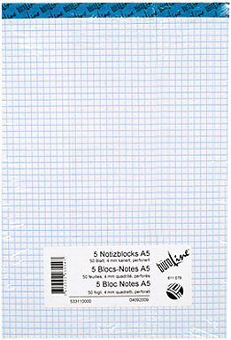 BÜROLINE Büroblock weiss A5 725264 kariert, 70g, 4mm 5 Stück