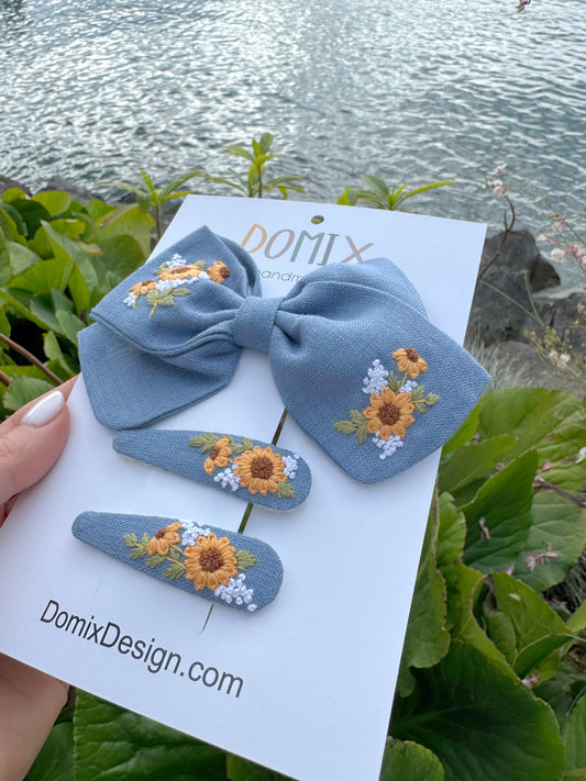 Girls’ Linen Hair Accessories Set – Bow and Flower Clips