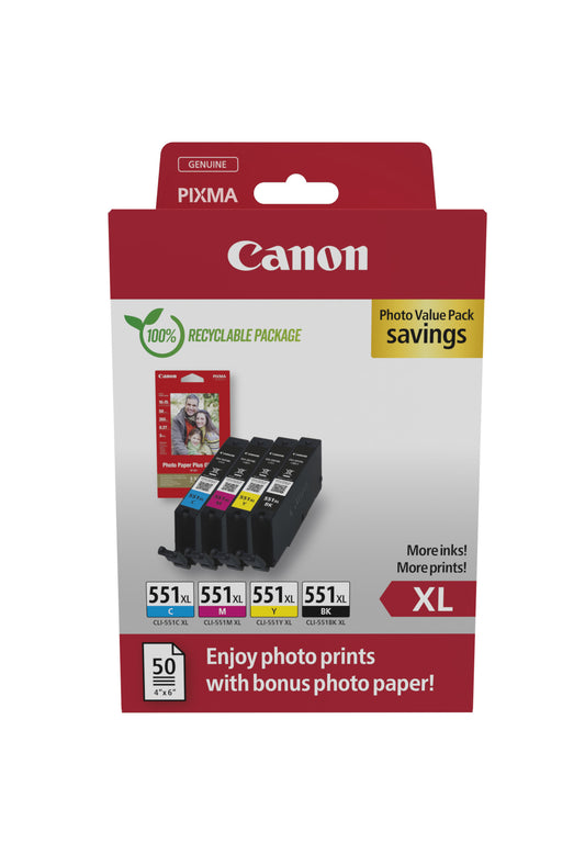 CANON Photo Value Pack XL BKCMY CLI-551BKCMY PIXMA iP7250 PP-201 50Bl.