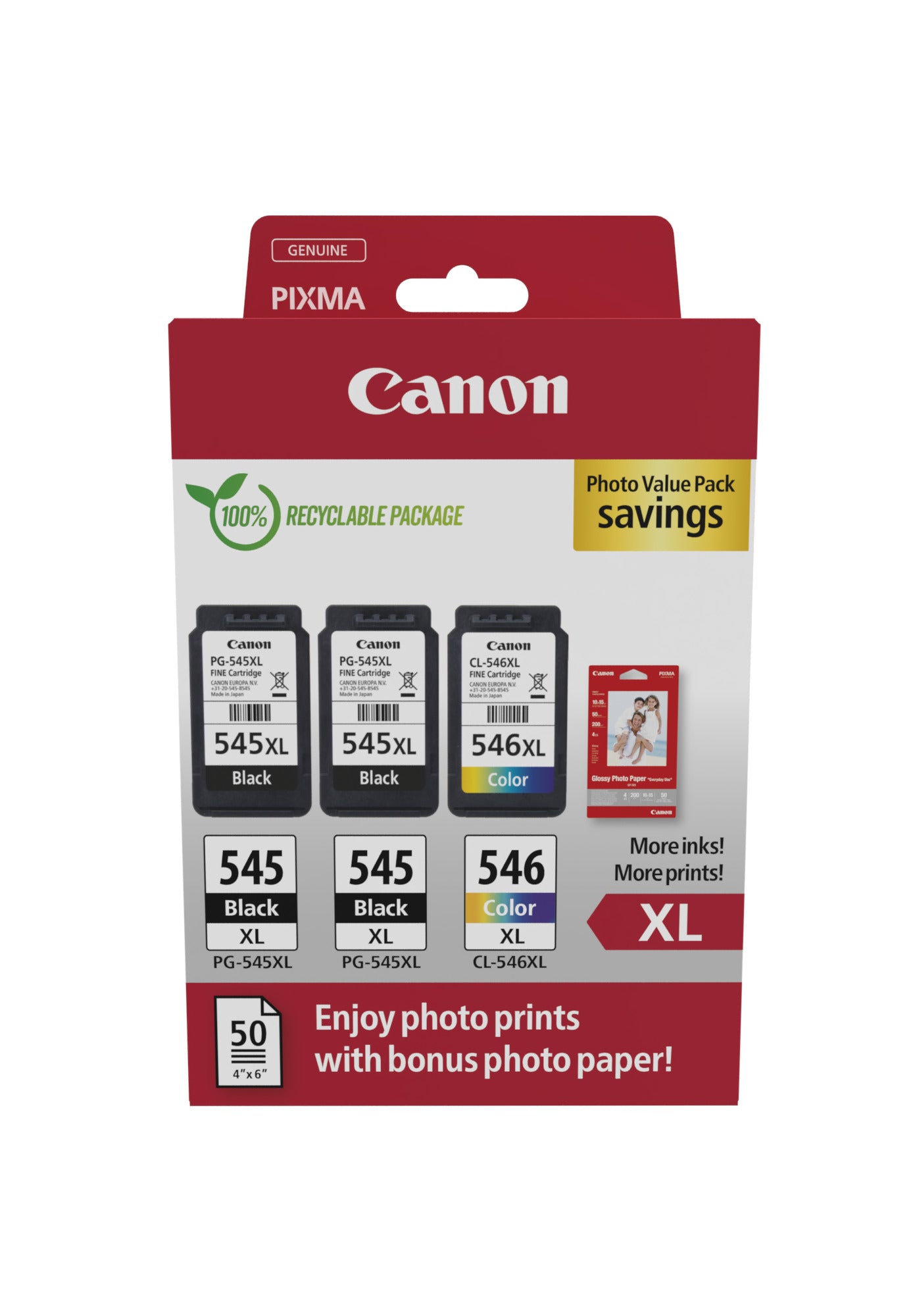 CANON Photo Value Pack XL BKCMY PGCL545/6 Pixma iP2850 2xBKXL & 1xCMYXL