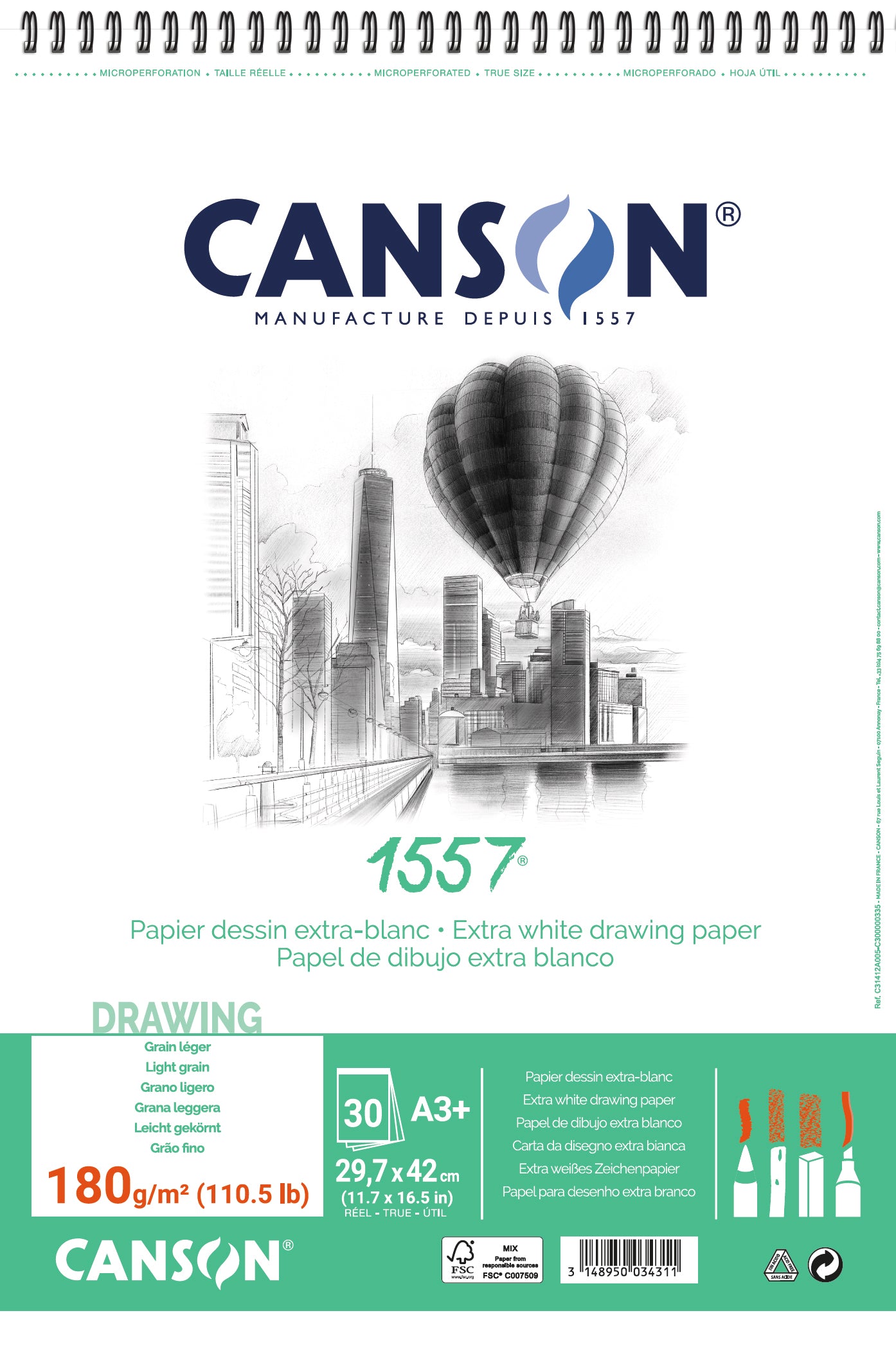 CANSON Skizzenpapier A3 31412A005 180g, weiss 30 Blatt