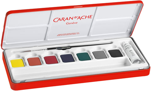 CARAN D'ACHE Deckfarbe Gouache 1000.308 7 Farben Deckweiss, Pinsel