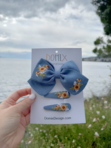 Girls’ Linen Hair Accessories Set – Bow and Flower Clips