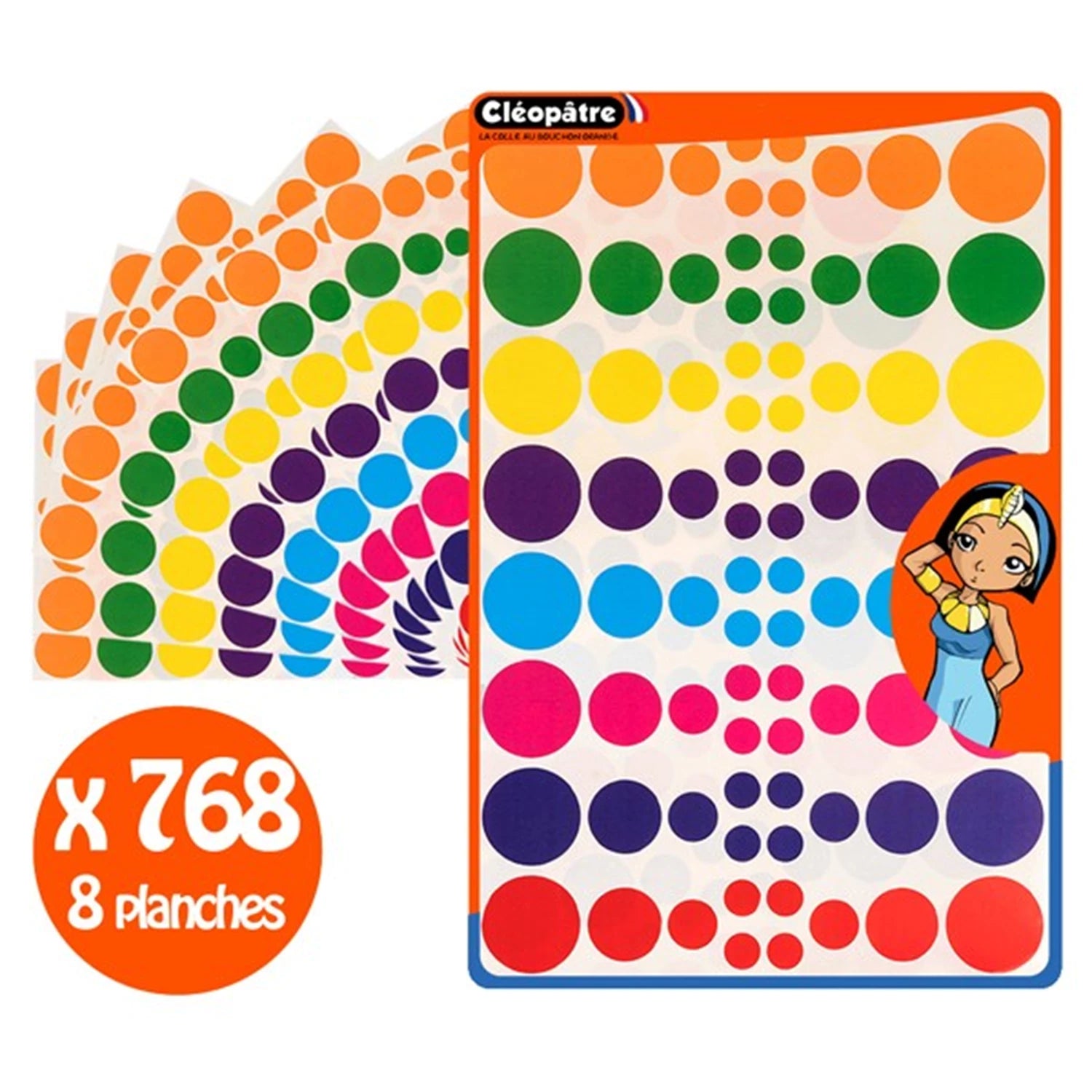 640 RUND-AUFKLEBER, 8 FARBEN, MEHRERE GRÖßEN, 8 A4-BLÄTTER A