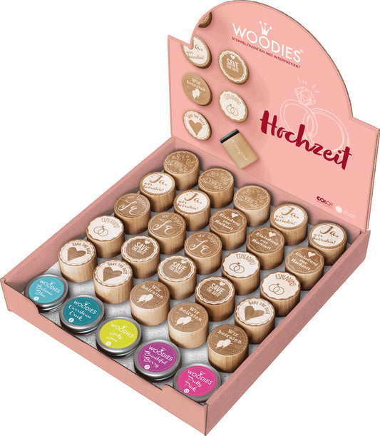 COLOP Woodies Display Hochzeit 151332 25 Stempel, 5 Kissen
