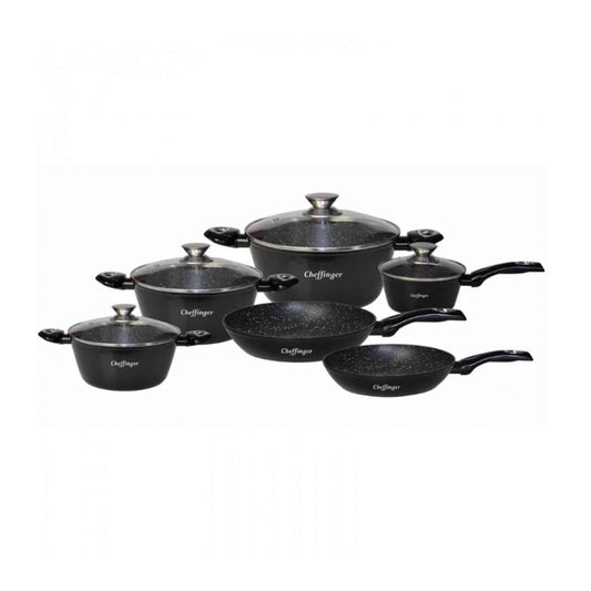 Cchefer CF-FA1010-BLK: 10-teiliges Pfannenset mit Marmorbeschichtung