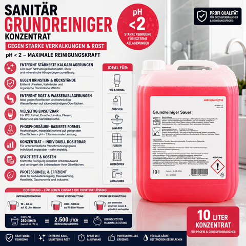 Sanitärgrundreiniger, für starke Verkalkungen und Rost, mit Phosphorsäure, pH < 2, 10 Liter