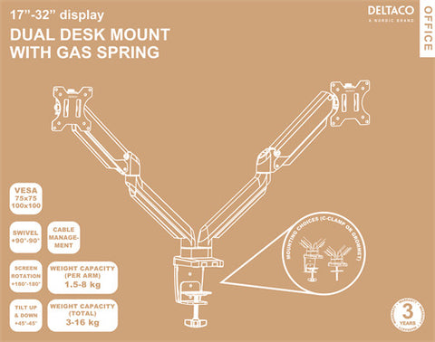 DELTACO GasSpring Dual arm 17-32in ARM-0351 1,5-8kg, 75x75-100x100