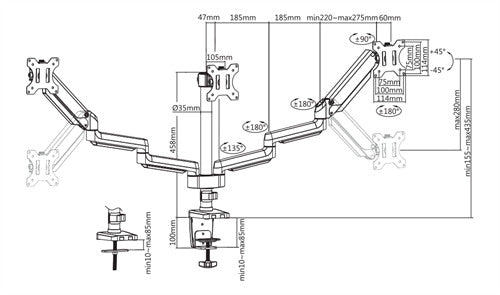 DELTACO GasSpring Triple arm 17-27in ARM-0352 1,5-8kg, 75x75-100x100