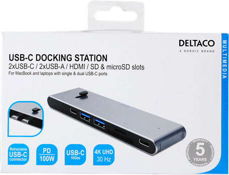 DELTACO USB-C Dockingsstation USBC-HDMI21 2xUSB-C,2xUSB-A,(mic)SD,HDMI