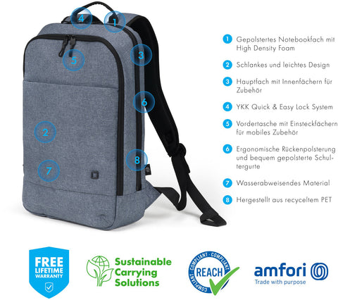DICOTA Eco Backpack Slim MOTION D32016-RPET 13-14.1 inch Blue Denim