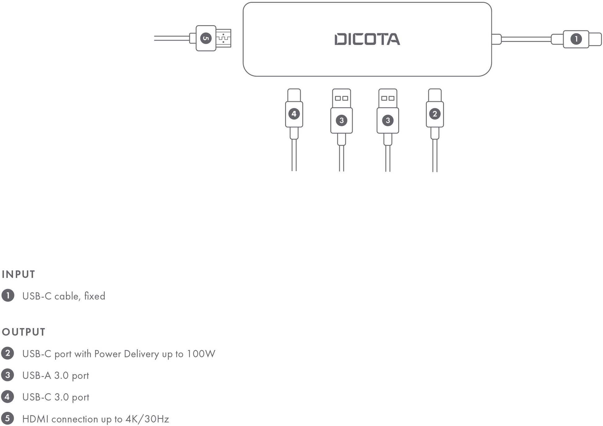 DICOTA USB-C 5-in-1 Video Hub D32060 4K PD 100W