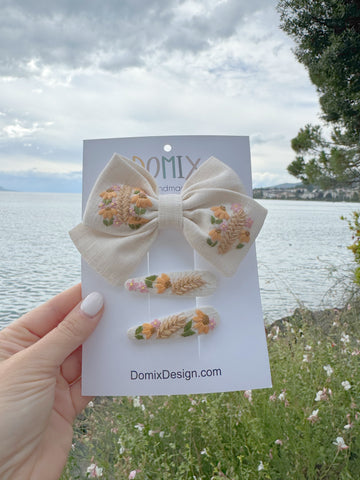 Hand-Embroidered Hair Accessories – Linen Bow with Flowers