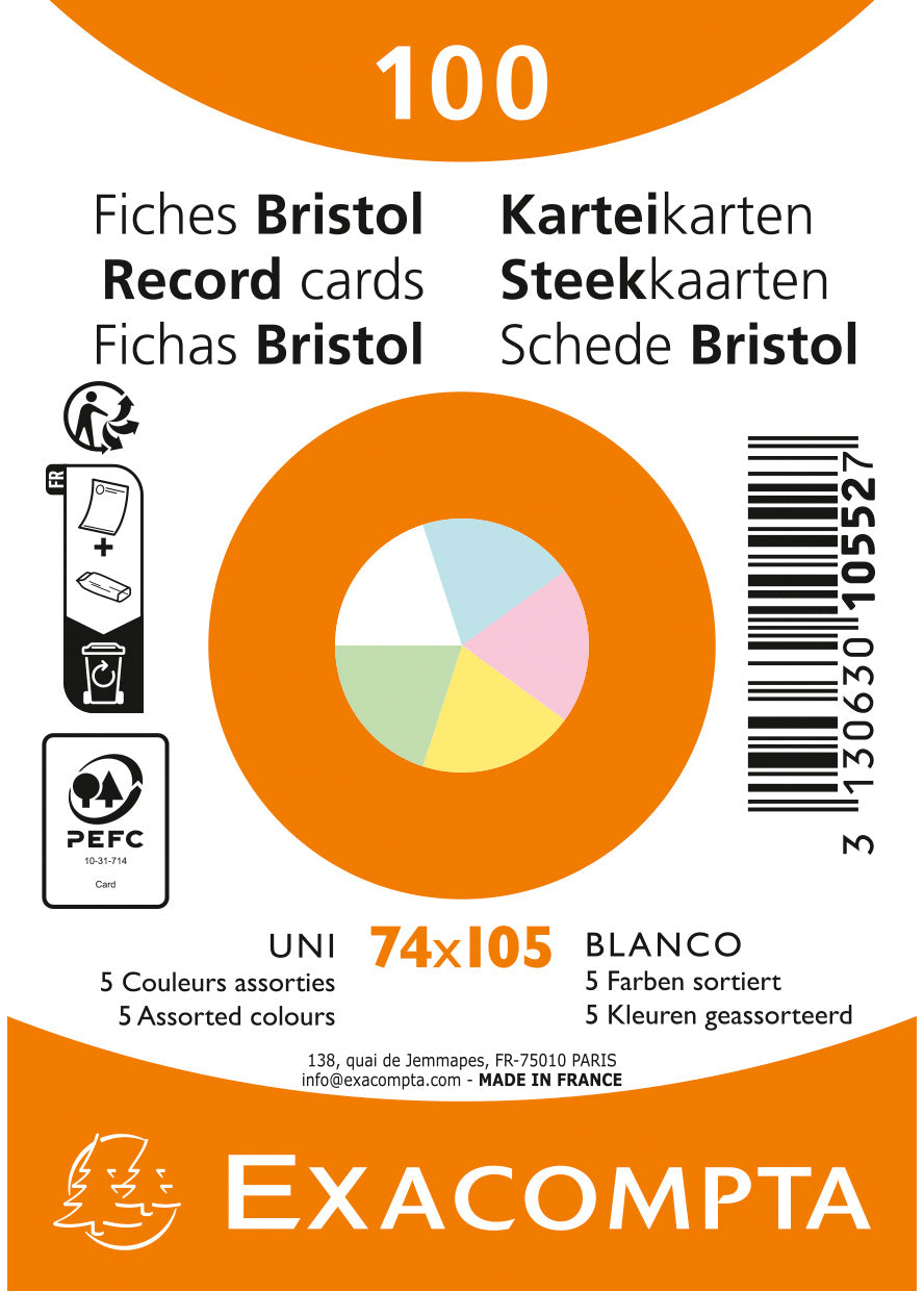 EXACOMPTA Karteikarten blanco A7 10552E farbig assortiert 100 Stück