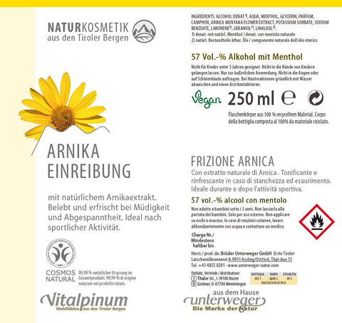 Unterweger Arnika Einreibung – vegana cosmetica naturale per la cura dei muscoli & rigenerazione
