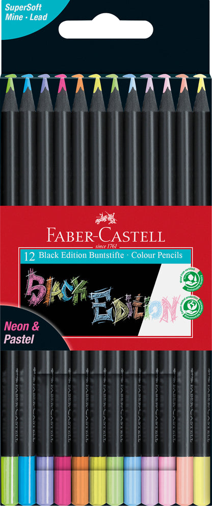 FABER-CASTELL Farbstifte Black Edition 116410 Neon + Pastell 12 Stk.