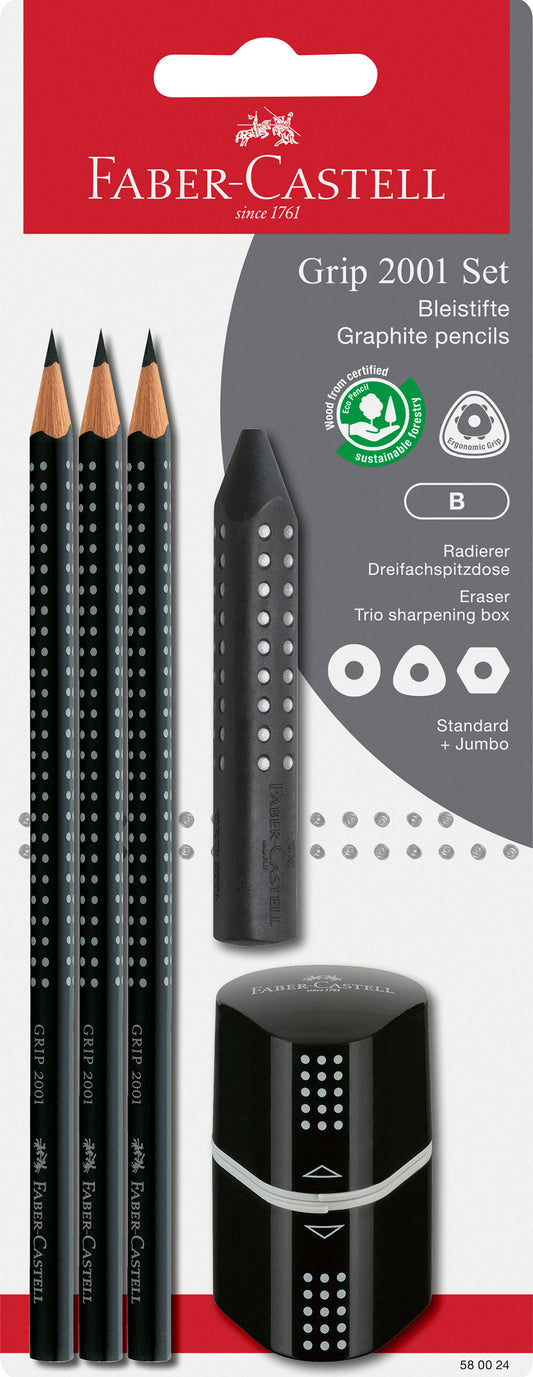 FABER-CASTELL Bleistift, Radierer, Spitzer B 580024 Grip Set 2001, schwarz