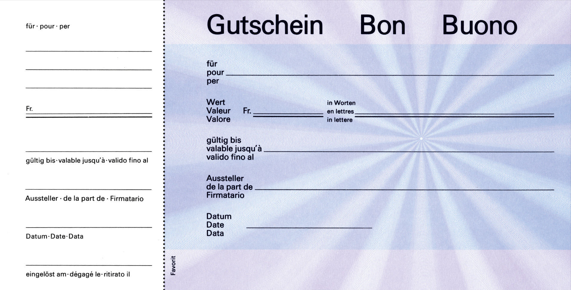 FAVORIT Geschenk-Gutscheine D/F/I 2059blau blau,20.5x10.5cm,Block à 25Bl.