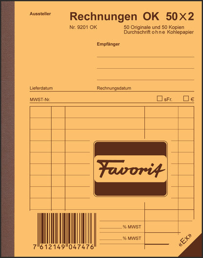 FAVORIT Formularbuch Rechnungen A6 9201 OK Durchschreibepapier 50x2 Blatt