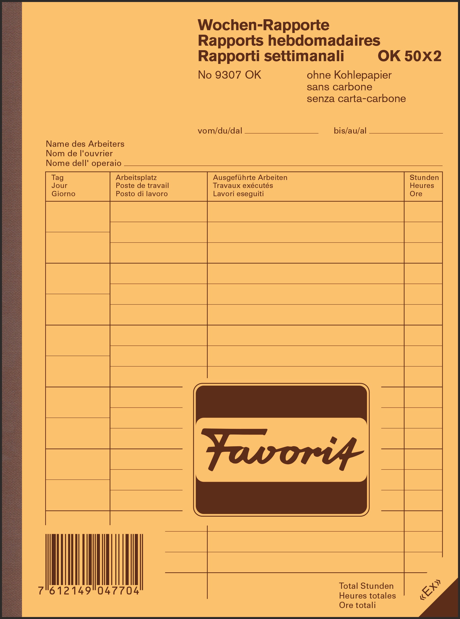 FAVORIT Wochen-Rapporte D/F/I A5 9307 OK Durchschreibepapier 50x2 Blatt