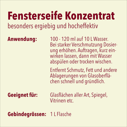 Fensterseife Konzentrat für streifenfreien Glanz, pH-Wert 9, 1 Liter