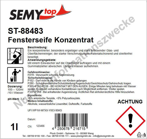 Fensterseife Konzentrat für streifenfreien Glanz, pH-Wert 9, 1 Liter