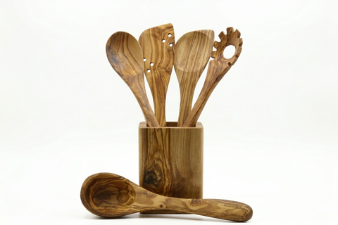 Conjunto de utensílios de cozinha em madeira de oliveira