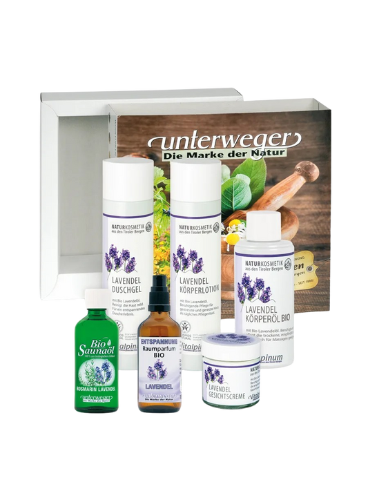 Unterweger Wohlfølelses-gaveæske Lavendel & Rosmarin – Naturkosmetik-sæt med æteriske olier til afslappende & opkvikkende pleje
