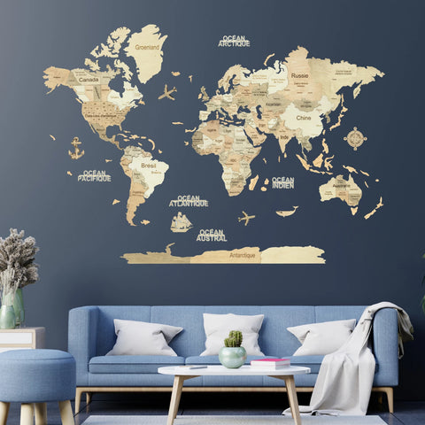 CARTE DU MONDE 3D CLAIRE L 100X150CM