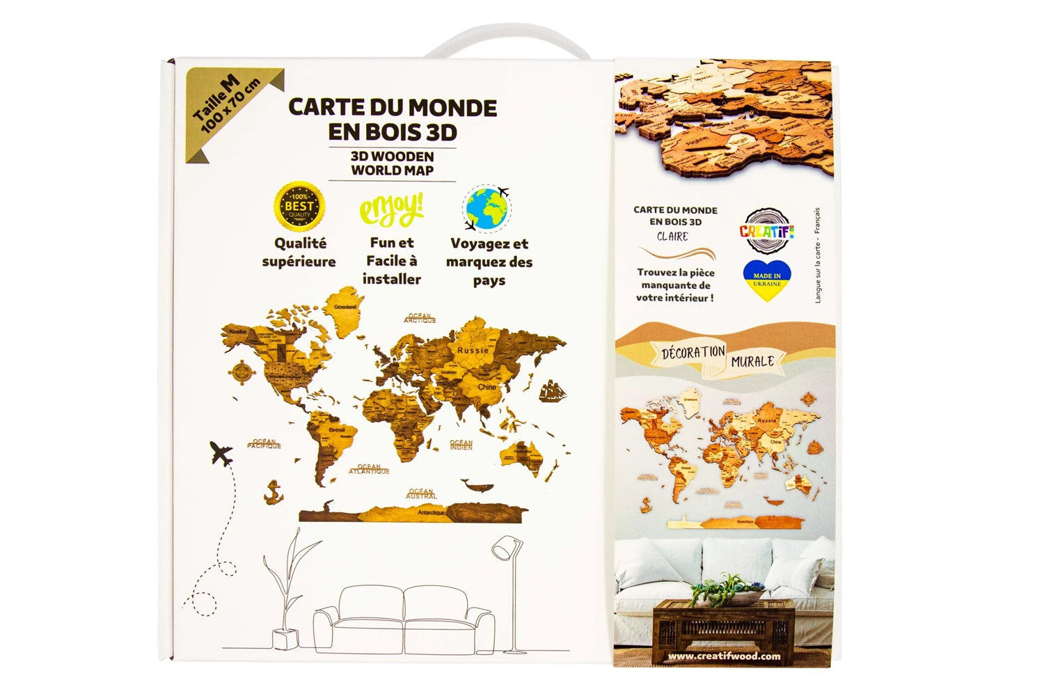 CARTE DU MONDE 3D CLAIRE XL 200X130CM