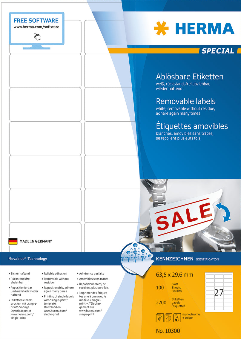 HERMA Etiketten SPECIAL 63.5x29.6mm 10300 weiss,non-perm. 2700St./100Bl.