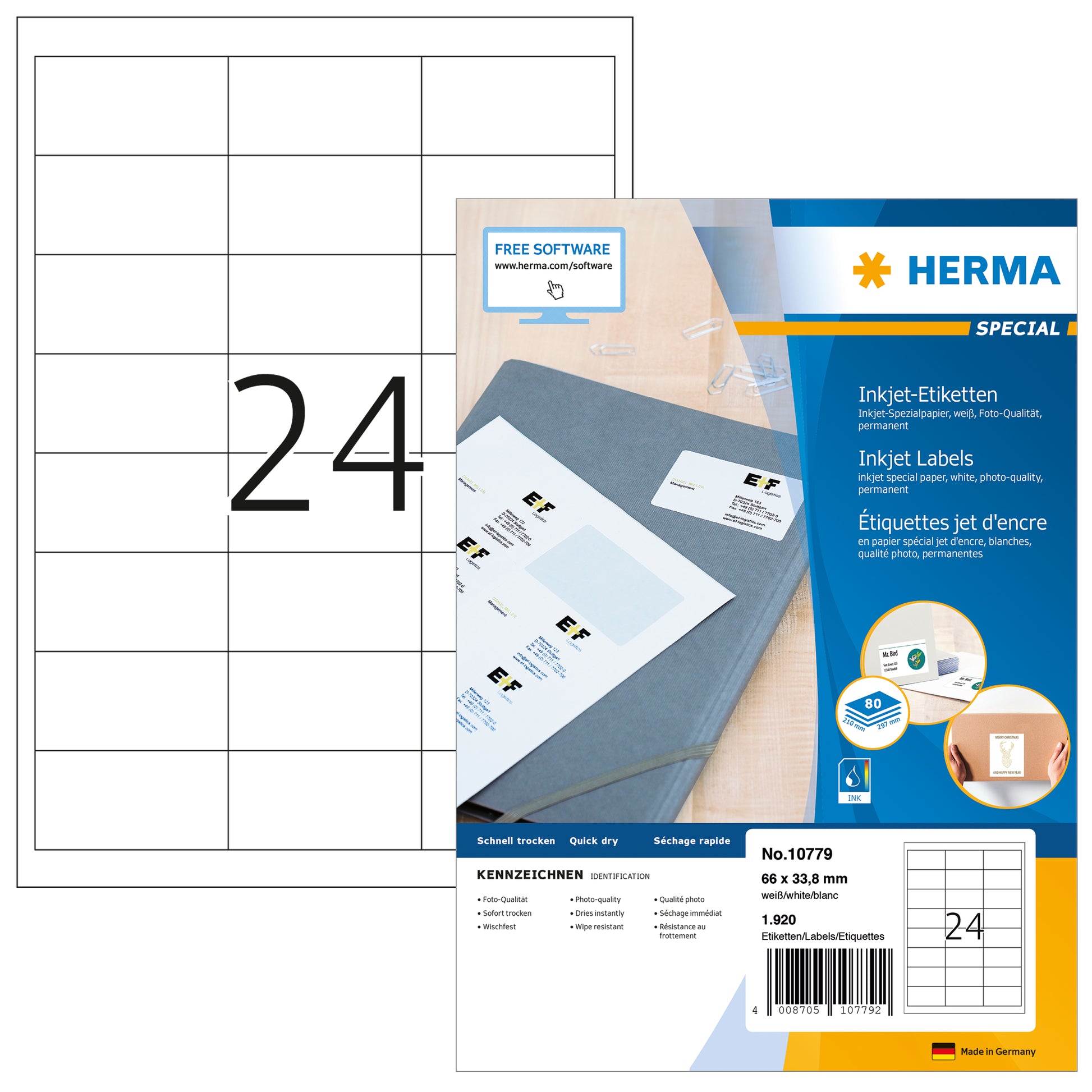 HERMA Etiketten Inkjet 66x33.8mm 10779 weiss 1920 Stk./80 Blatt