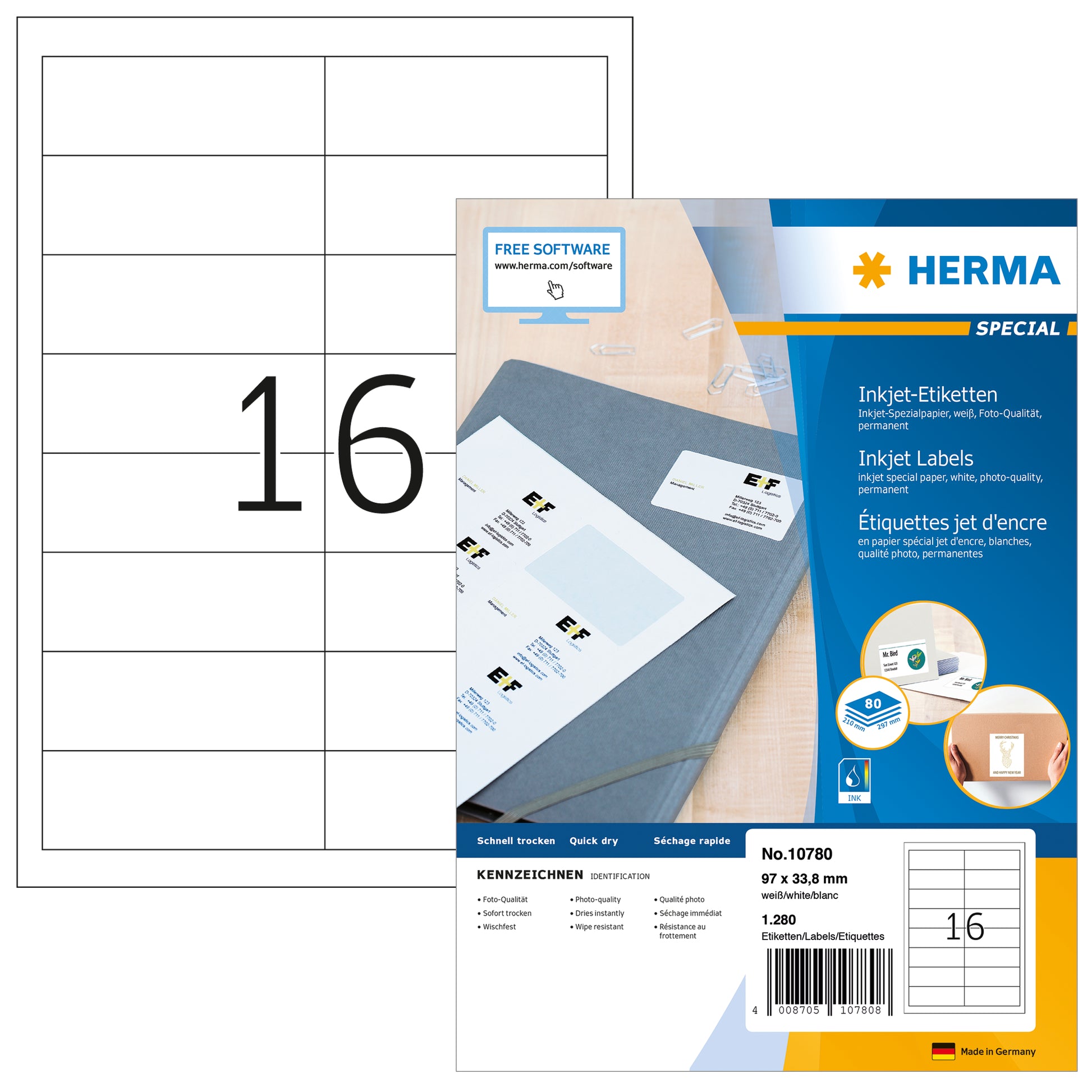 HERMA Etiketten Inkjet 97x33.8mm 10780 weiss 1280 Stk./80 Blatt