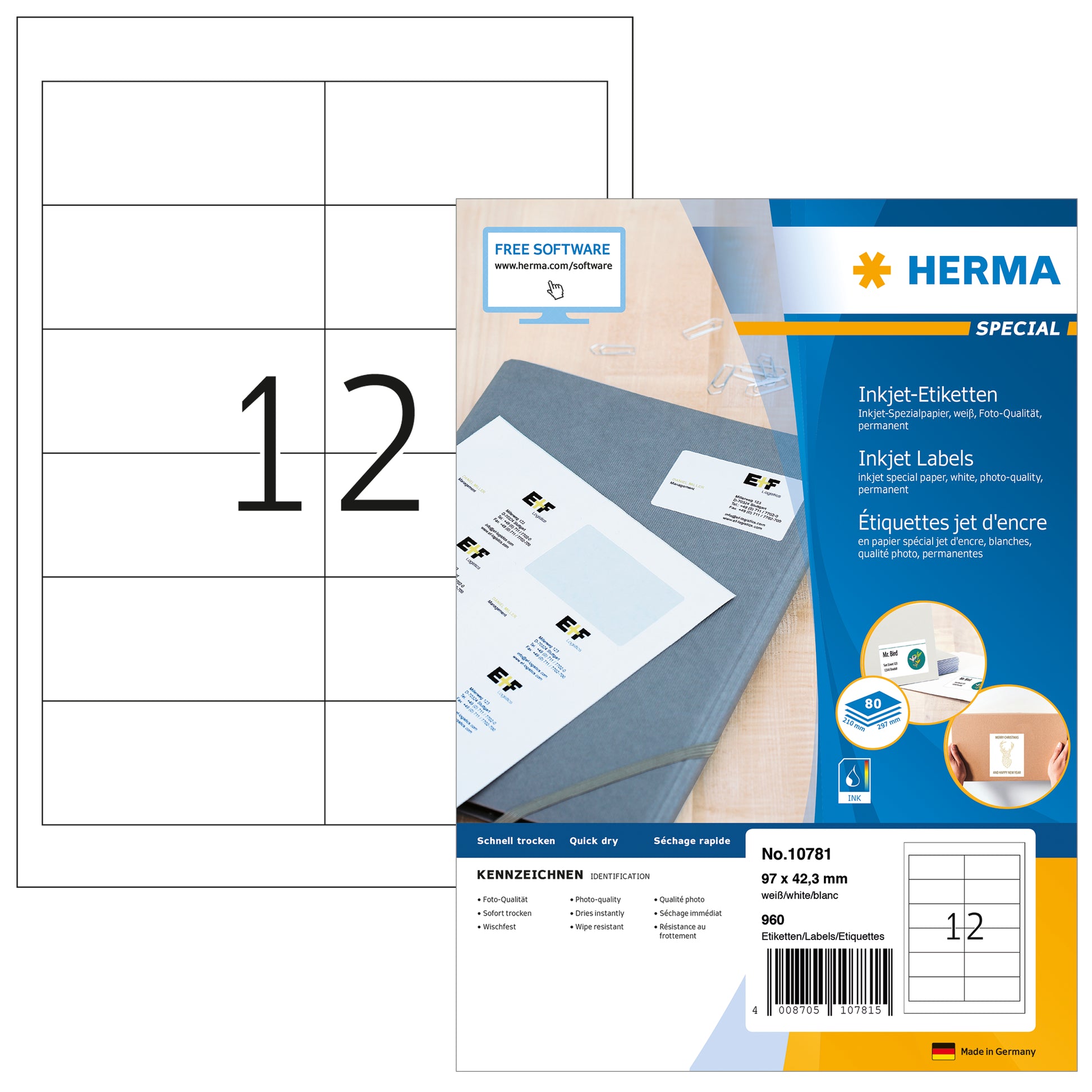 HERMA Etiketten Inkjet 97x42.3mm 10781 weiss 960 Stk./80 Blatt