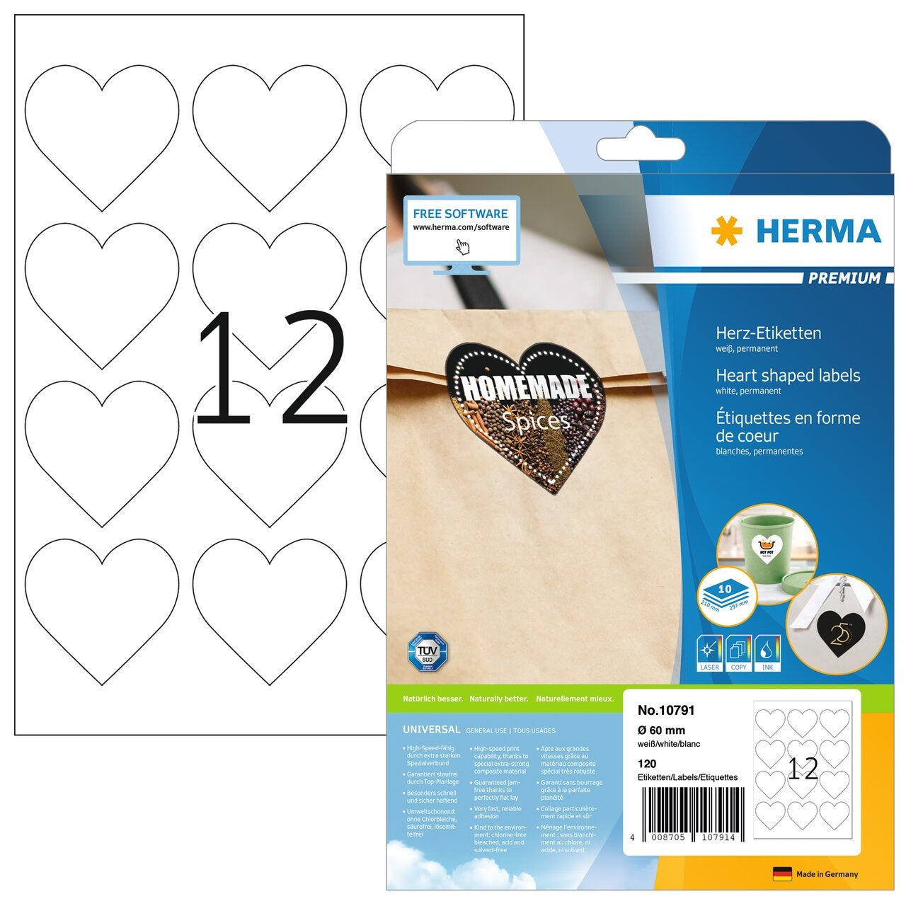 HERMA Etiketten Premium 60mm 10791 herz, weiss 120 Stück