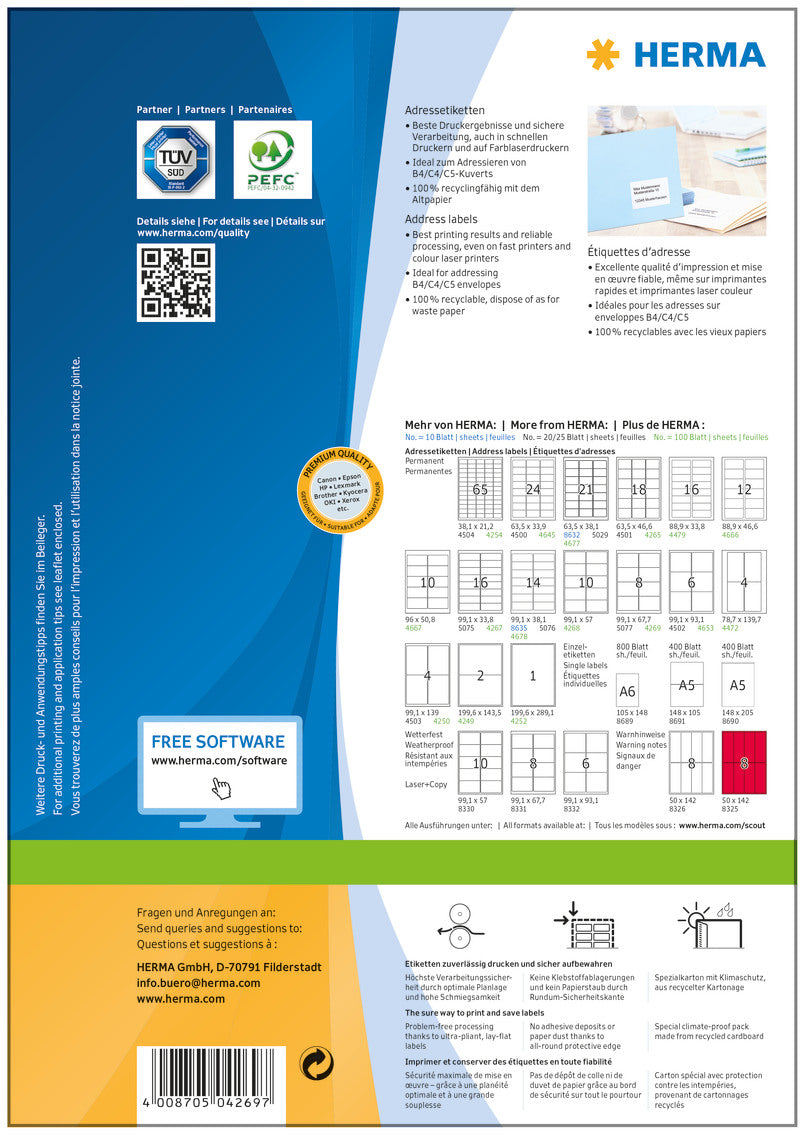 HERMA Etiketten PREMIUM 99.1x67.7mm 4269 weiss,perm. 800 St./100 Bl.