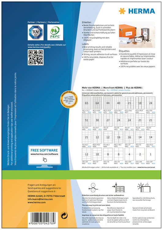 HERMA Etiketten PREMIUM 70x50.8mm 4278 weiss,perm. 1500 St./100 Bl.