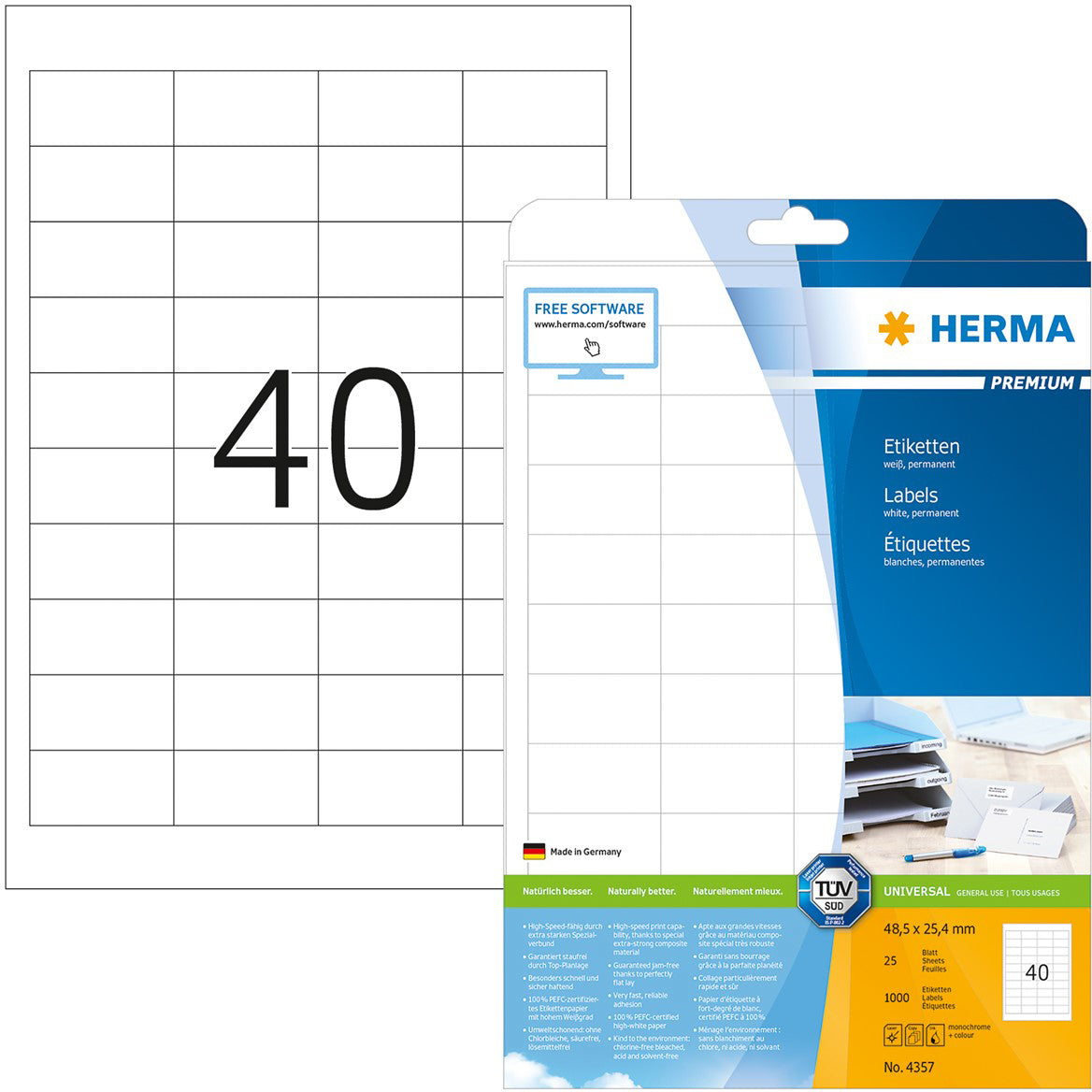 HERMA Universal-Etikett. 48,5x25,4mm 4357 weiss 1000 St./25 Blatt