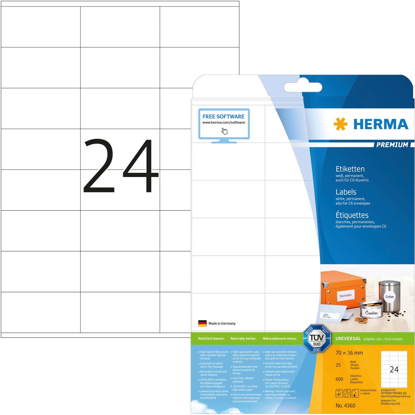 HERMA Universal-Etikett. 70,0x36,0mm 4360 weiss 600 St./25 Blatt